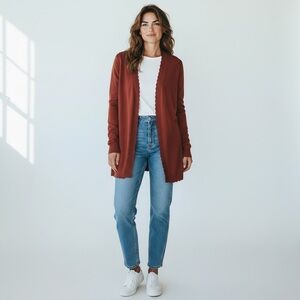 Evolution by Cyrus Davison Scallop Edge Cardigan in Colorado Orange Red NWOT‎